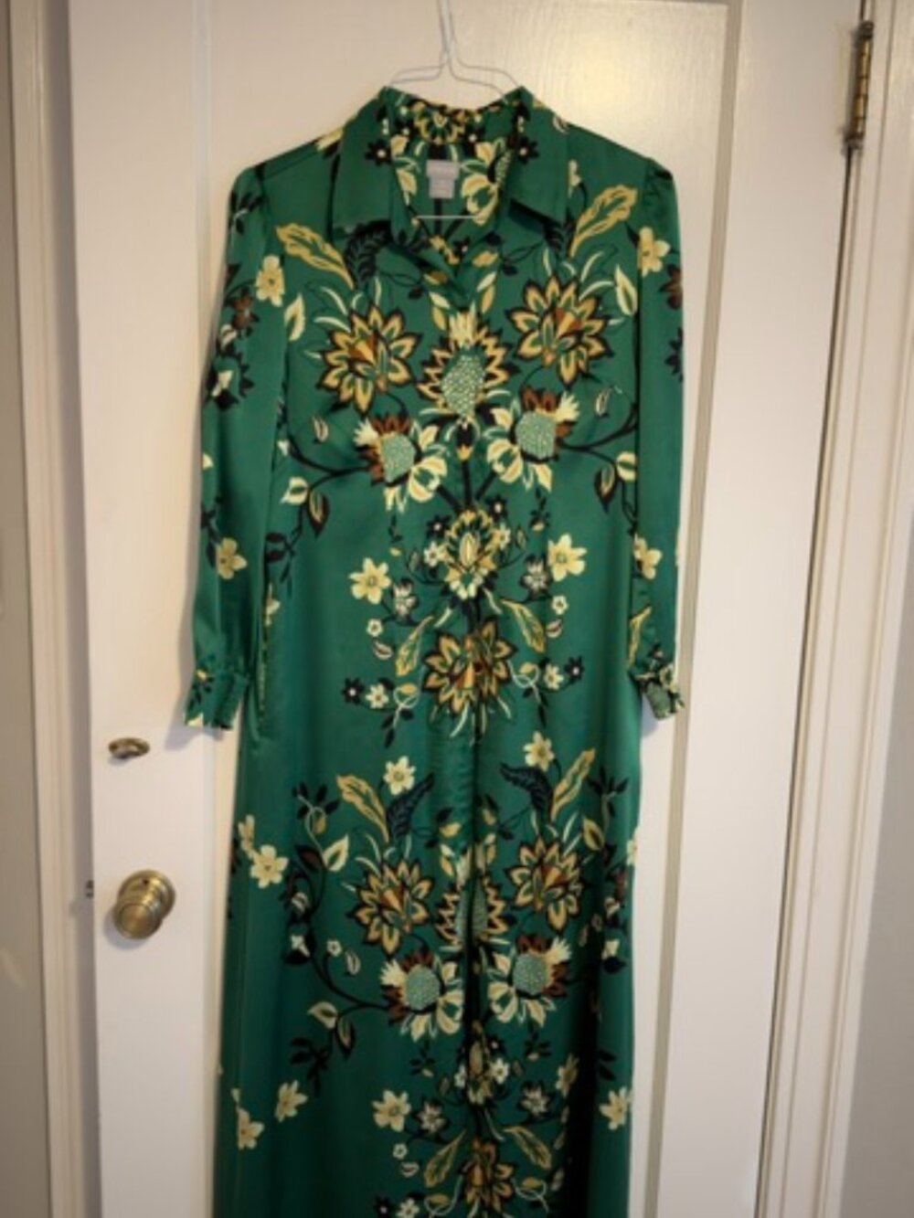 Chicos Green Satin Floral Maxi Shirt Dress Long Sleeve Size 1.5